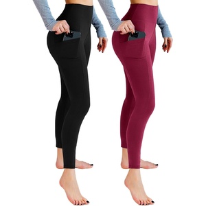 Leafigure 2er Pack High Waist Leggings Damen mit Taschen(Schwarze/Weinrot)